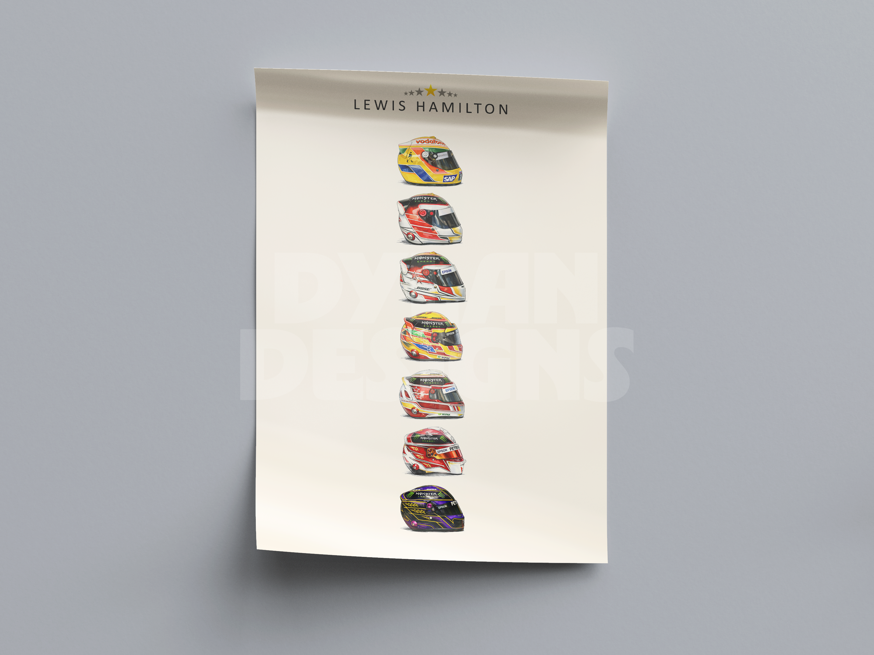 Lewis Hamilton World Championship Helmets Art Print Poster Motorsport Wall Art Decor A3/A4