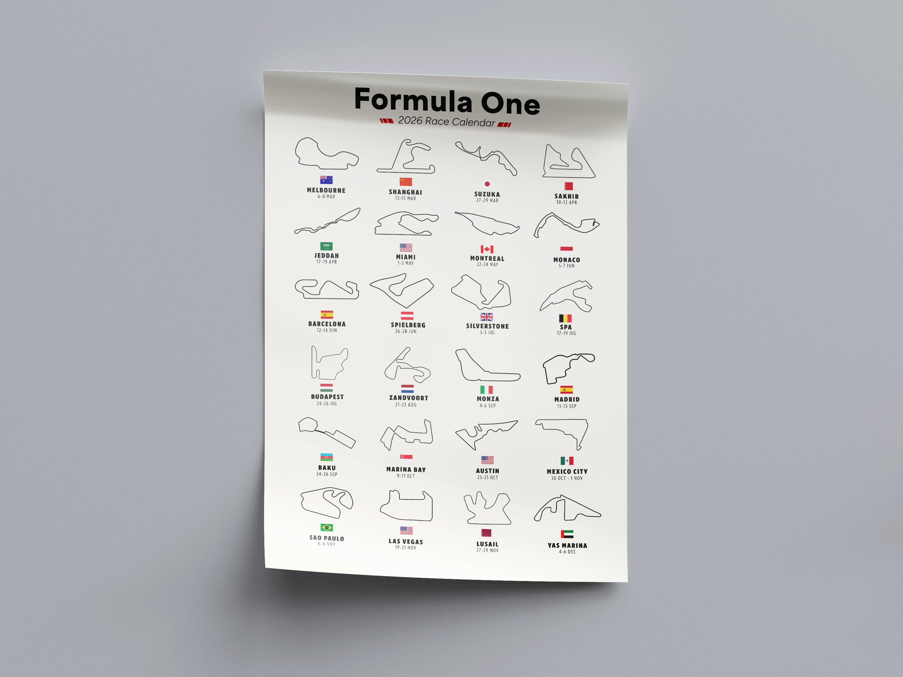 F1 2026 Calendar Print | Formula One Grand Prix Schedule